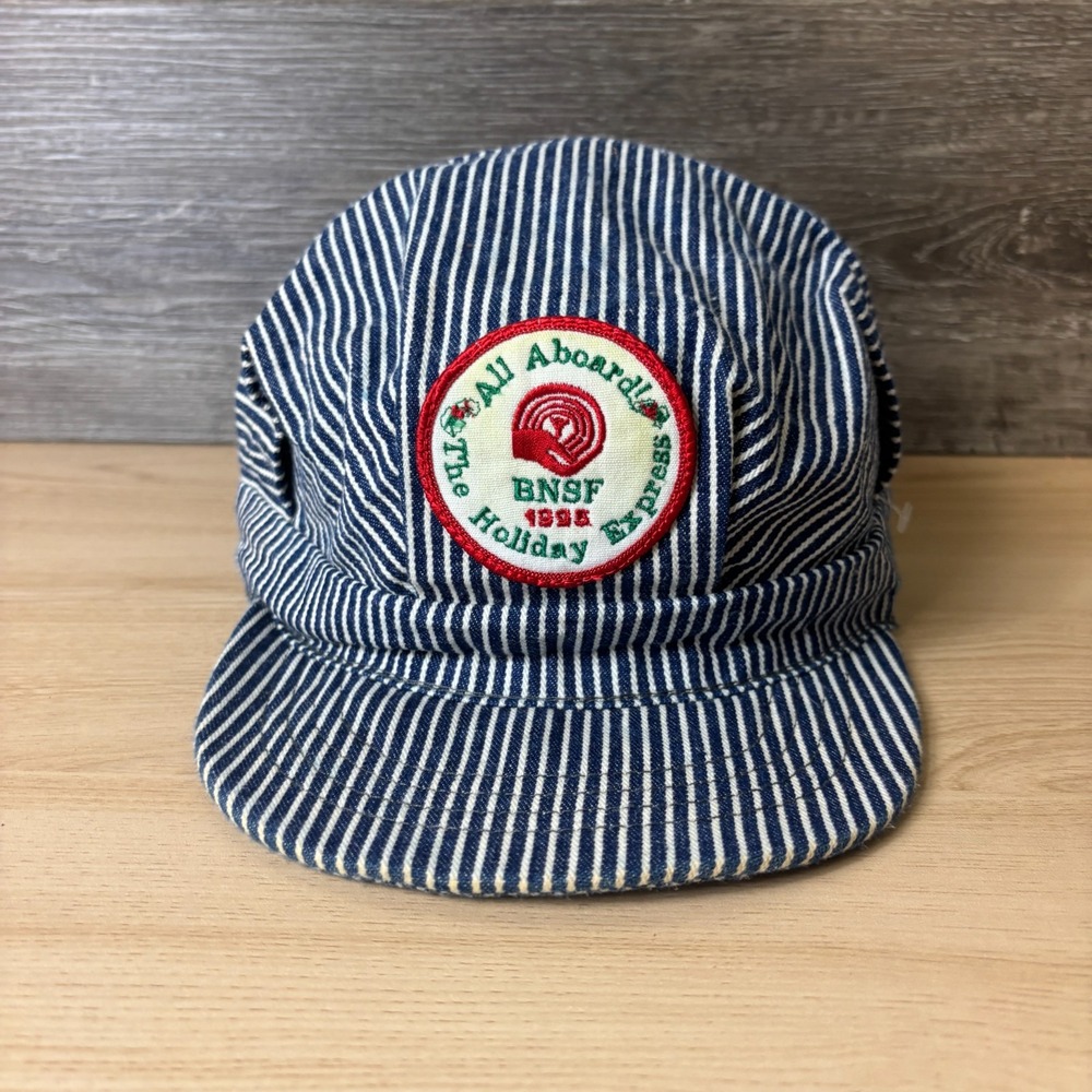 Vintage BNSF Hat Cap Fitted Large Blue White Hickory Stripe Train Railroad